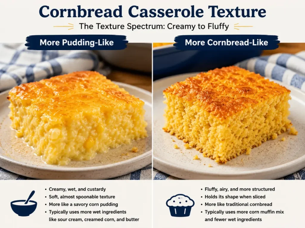 Cornbread casserole texture comparison showing pudding-like and fluffy cornbread-like slices