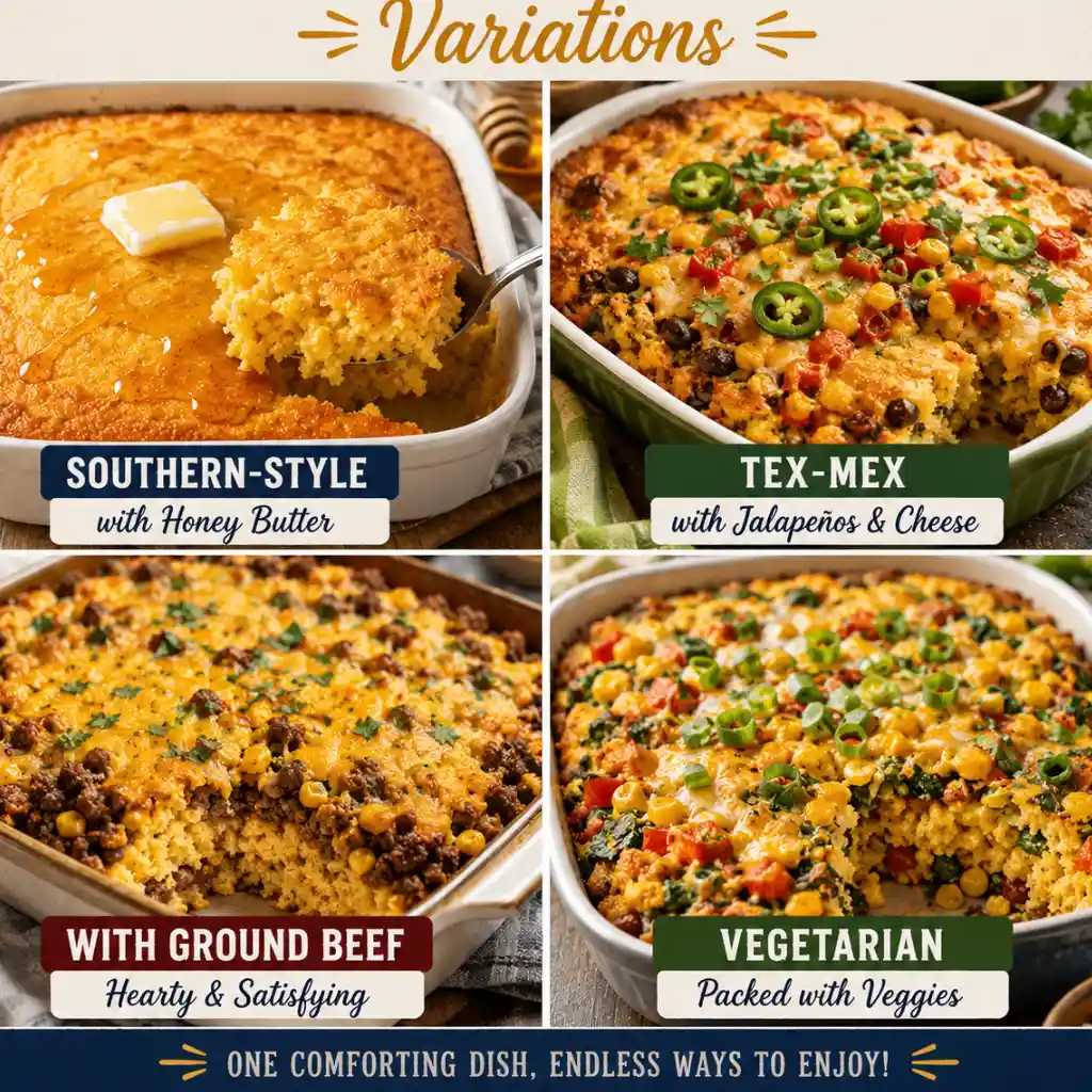 Cornbread casserole variations including Southern-style, Tex-Mex, ground beef, and vegetarian