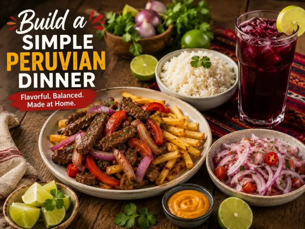 Easy Peruvian dinner at home with lomo saltado, white rice, fries, salsa criolla, lime, cilantro, and chicha morada