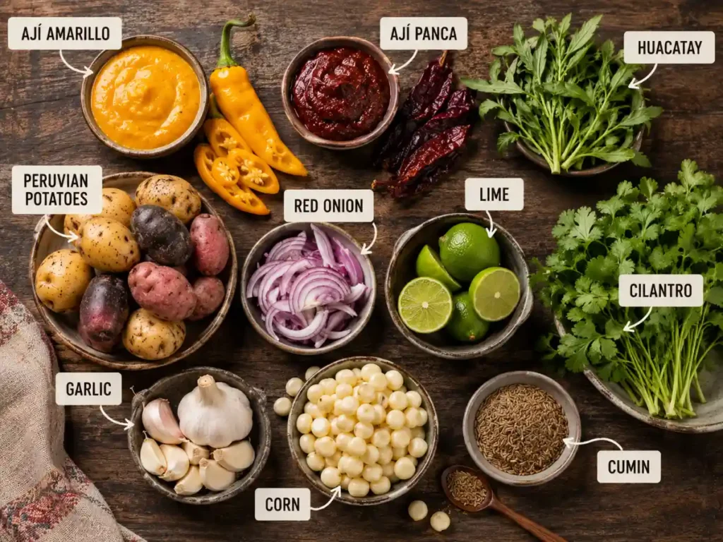 Essential Peruvian ingredients including ají amarillo, ají panca, huacatay, Peruvian potatoes, red onion, lime, cilantro, garlic, corn, and cumin