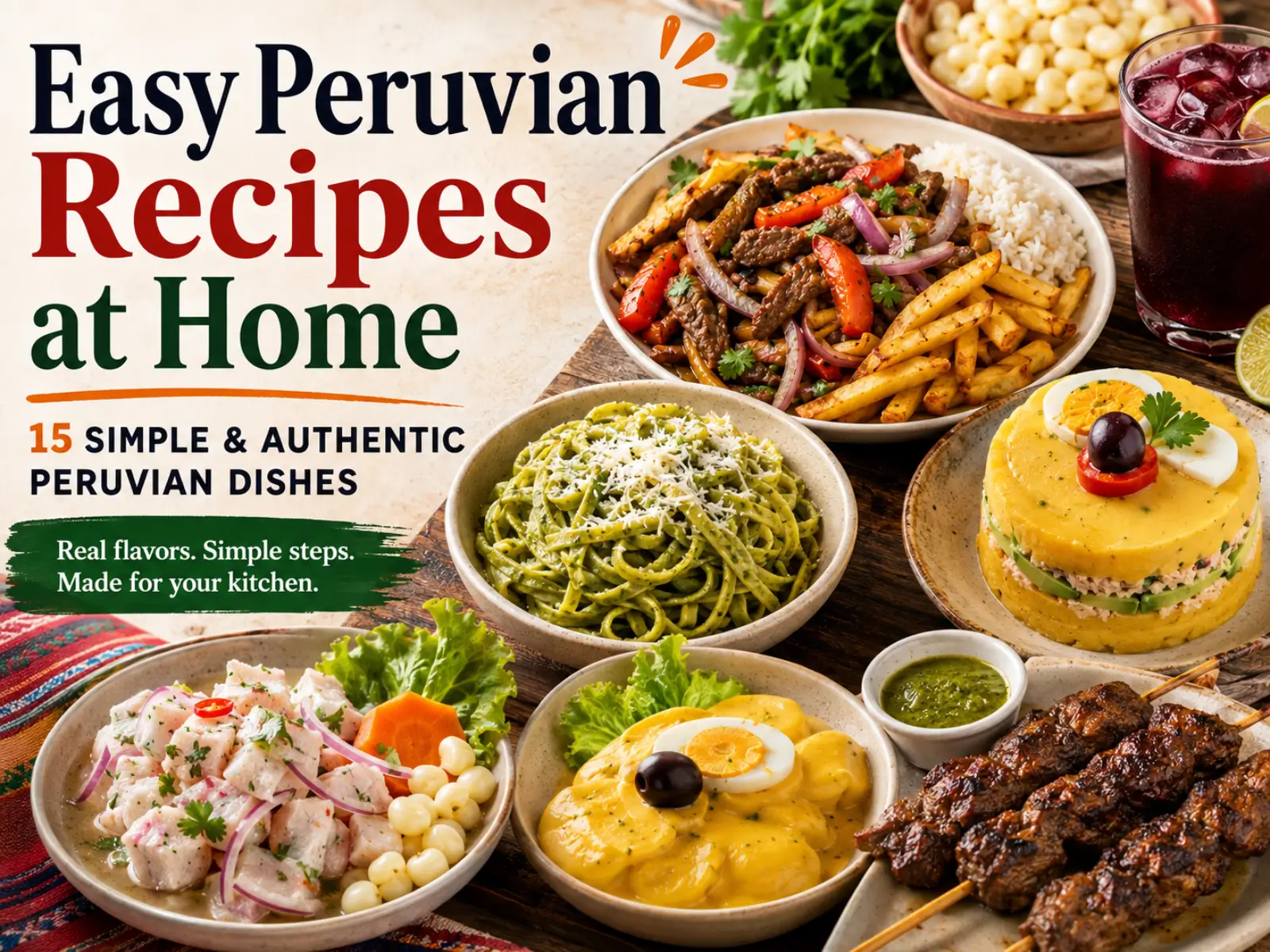 Easy Peruvian recipes at home featuring lomo saltado, ceviche, causa, tallarines verdes, anticuchos, and other traditional Peruvian dishes