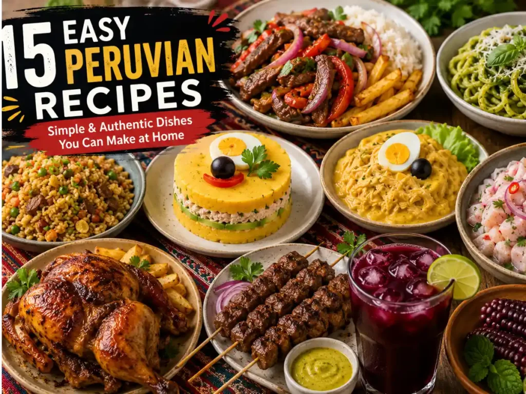 Easy Peruvian recipes at home featuring lomo saltado, arroz chaufa, causa limeña, ceviche, pollo a la brasa, and traditional Peruvian dishes