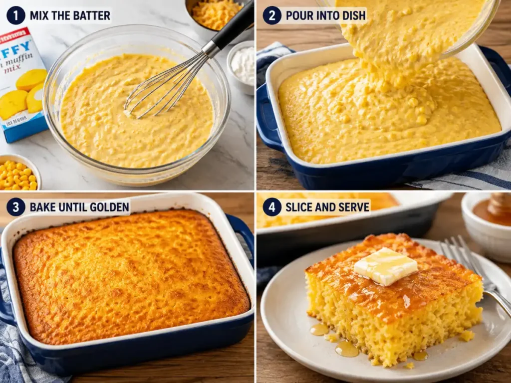 How to make cornbread casserole by mixing the batter, pouring it into a dish, baking until golden, and serving