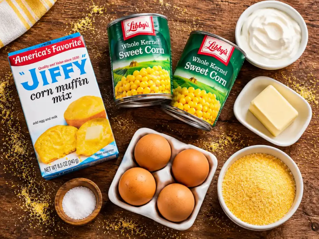 Ingredients for Jiffy cornbread casserole with corn muffin mix, corn, sour cream, butter, and eggsFocus keyw