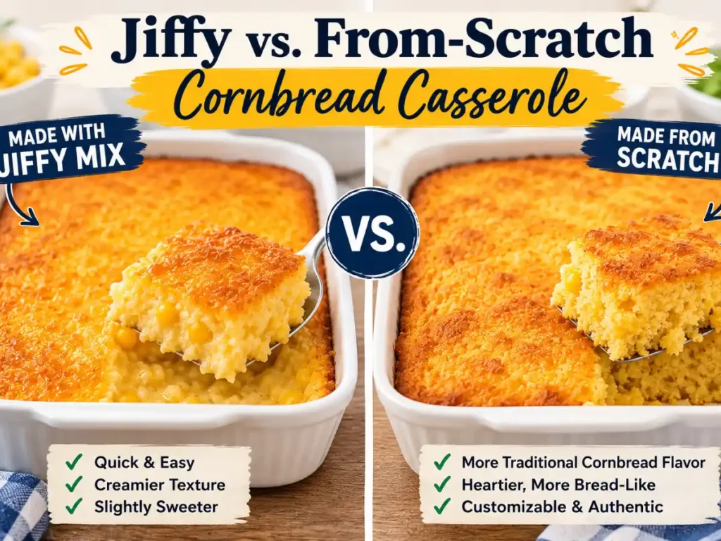 Jiffy cornbread casserole compared with a from-scratch cornbread casserole