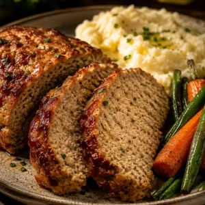 Juicy chicken meatloaf dinner with mashed potatoes and roasted vegetables