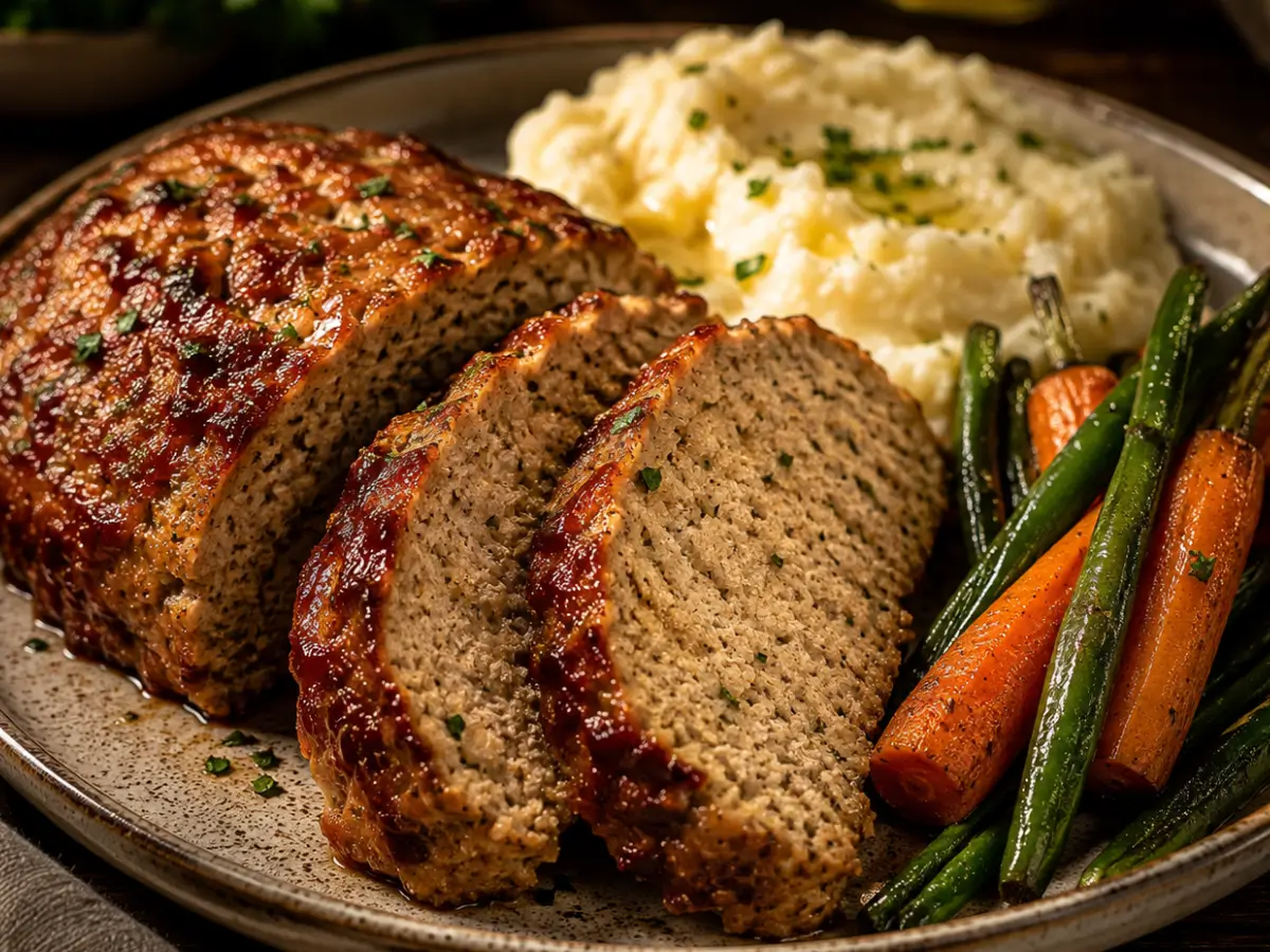 Juicy chicken meatloaf dinner with mashed potatoes and roasted vegetables