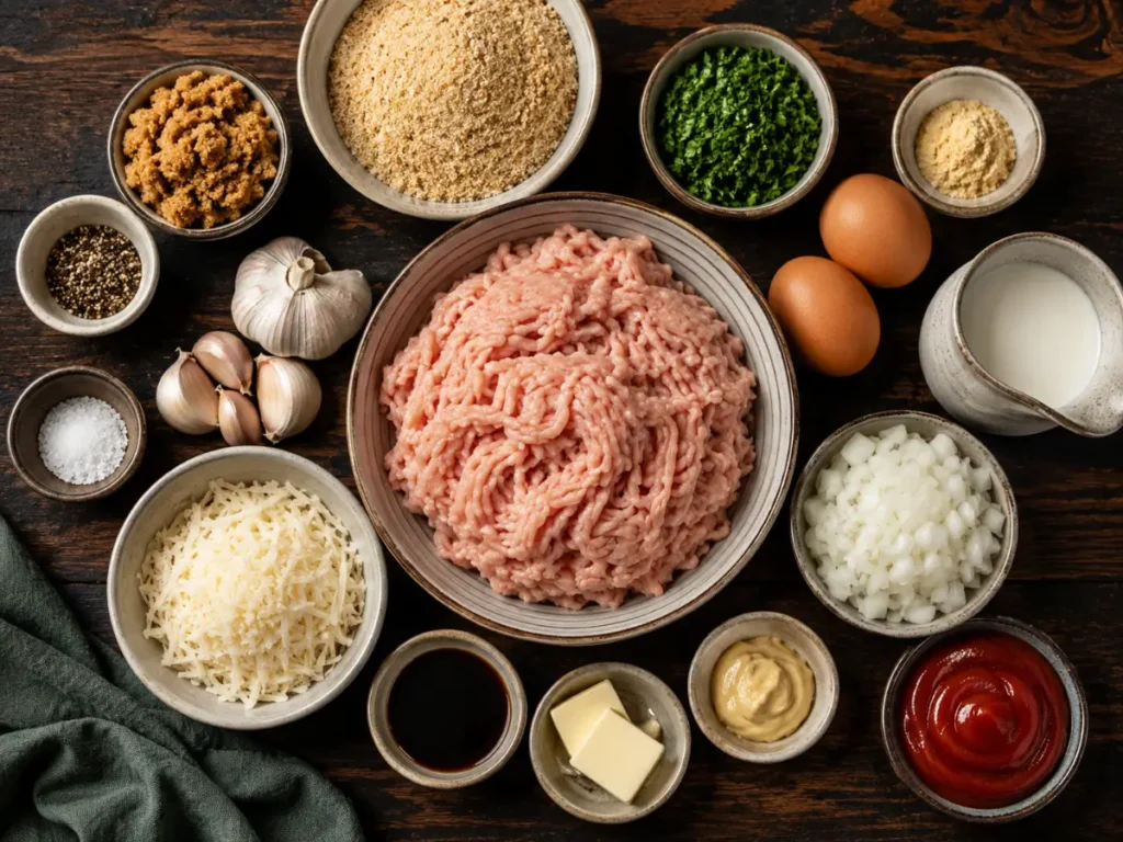 Ingredients for homemade chicken meatloaf with Parmesan and garlic