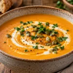 Creamy sweet potato soup topped with herbs, pumpkin seeds, and a swirl of cream