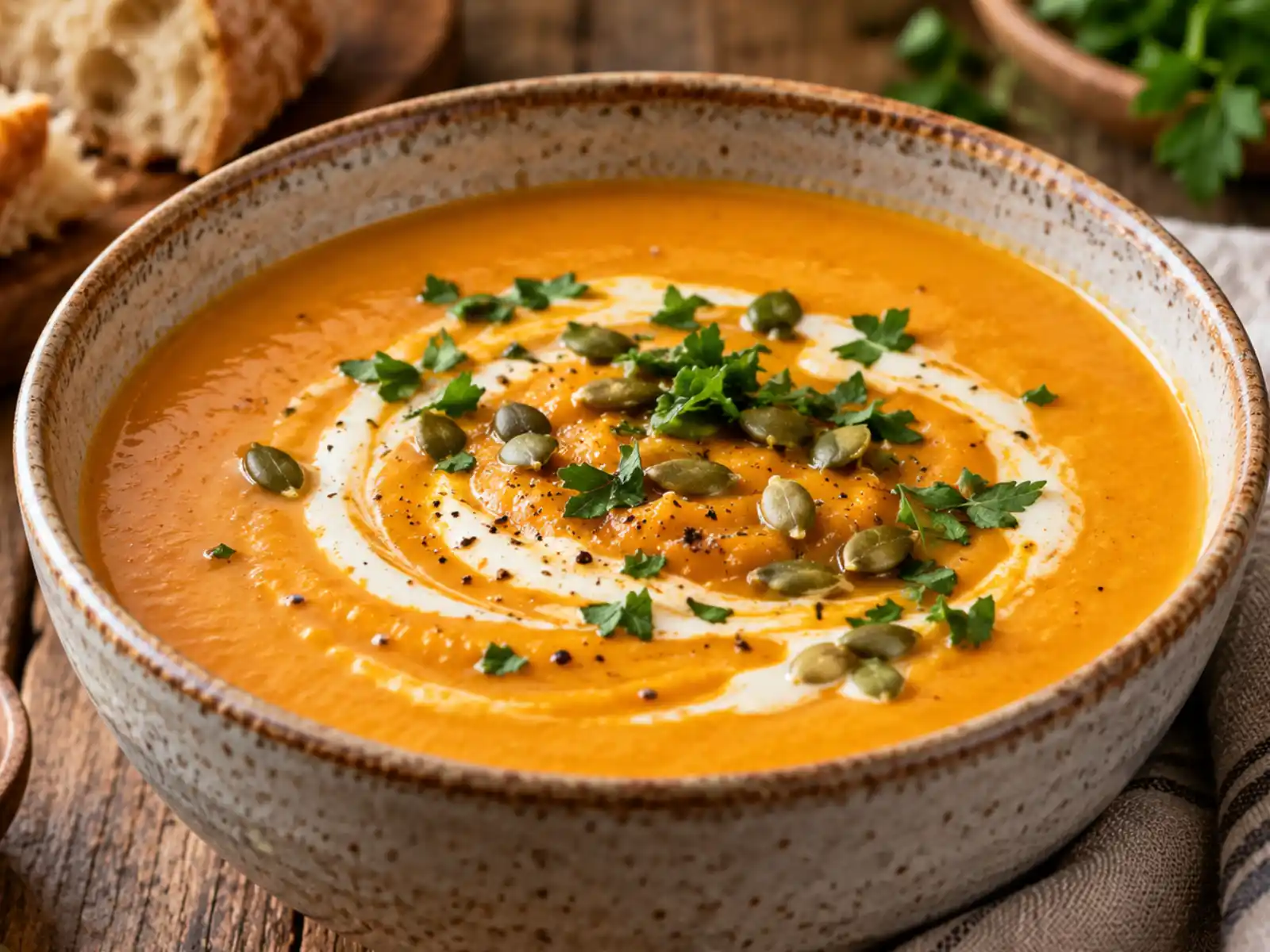 Creamy sweet potato soup topped with herbs, pumpkin seeds, and a swirl of cream