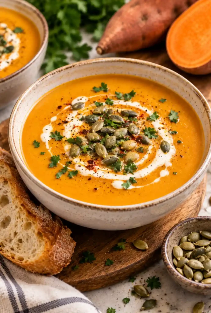 Easy creamy sweet potato soup served warm with herbs, pumpkin seeds, and crusty bread