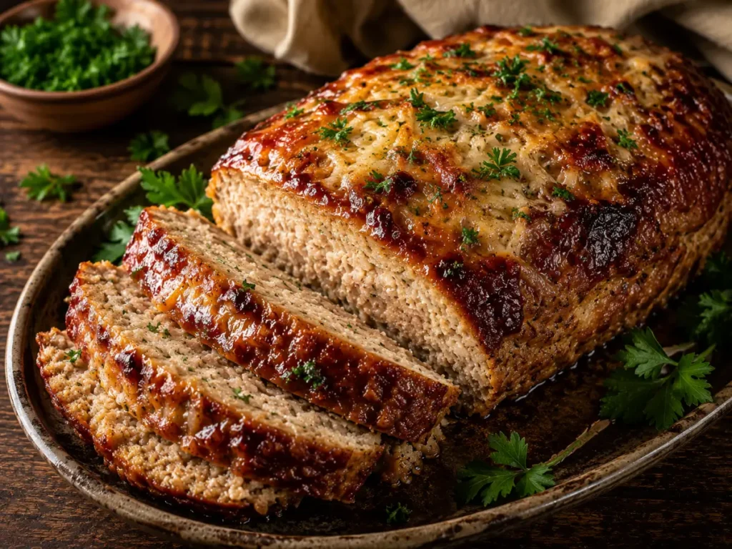 Garlic Parmesan chicken meatloaf with golden cheese topping