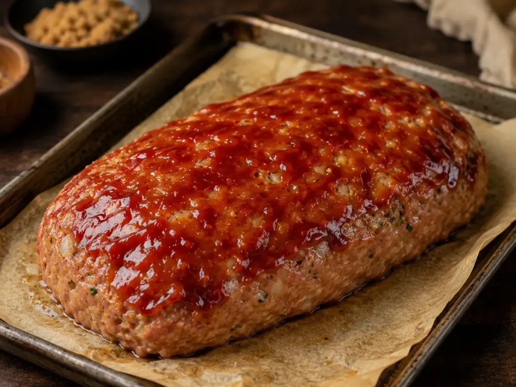 Chicken meatloaf coated with homemade ketchup and Dijon glaze