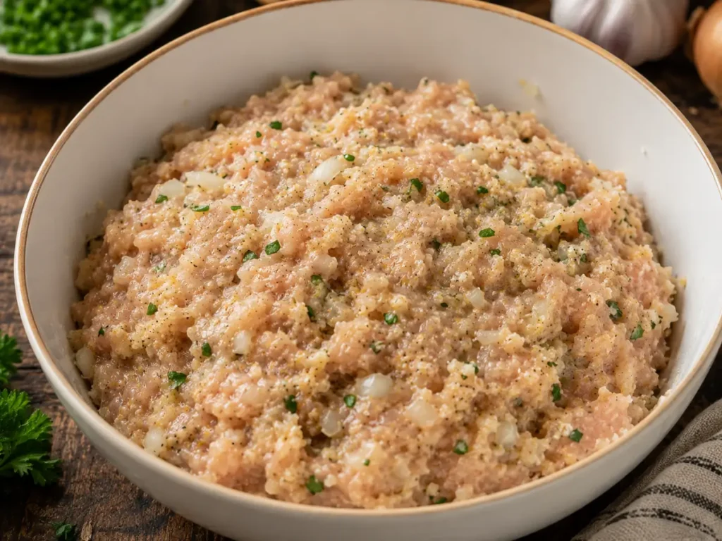 Ground chicken meatloaf mixture with Parmesan, garlic and herbs