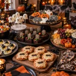 Halloween party food table with spooky appetizers, snacks, desserts, and festive decorations for a fun Halloween celebration