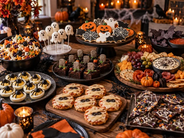 25 Easy Halloween Party Food Ideas for a Spooky Celebration Halloween party food table with spooky appetizers, snacks, desserts, and festive decorations for a fun Halloween celebration