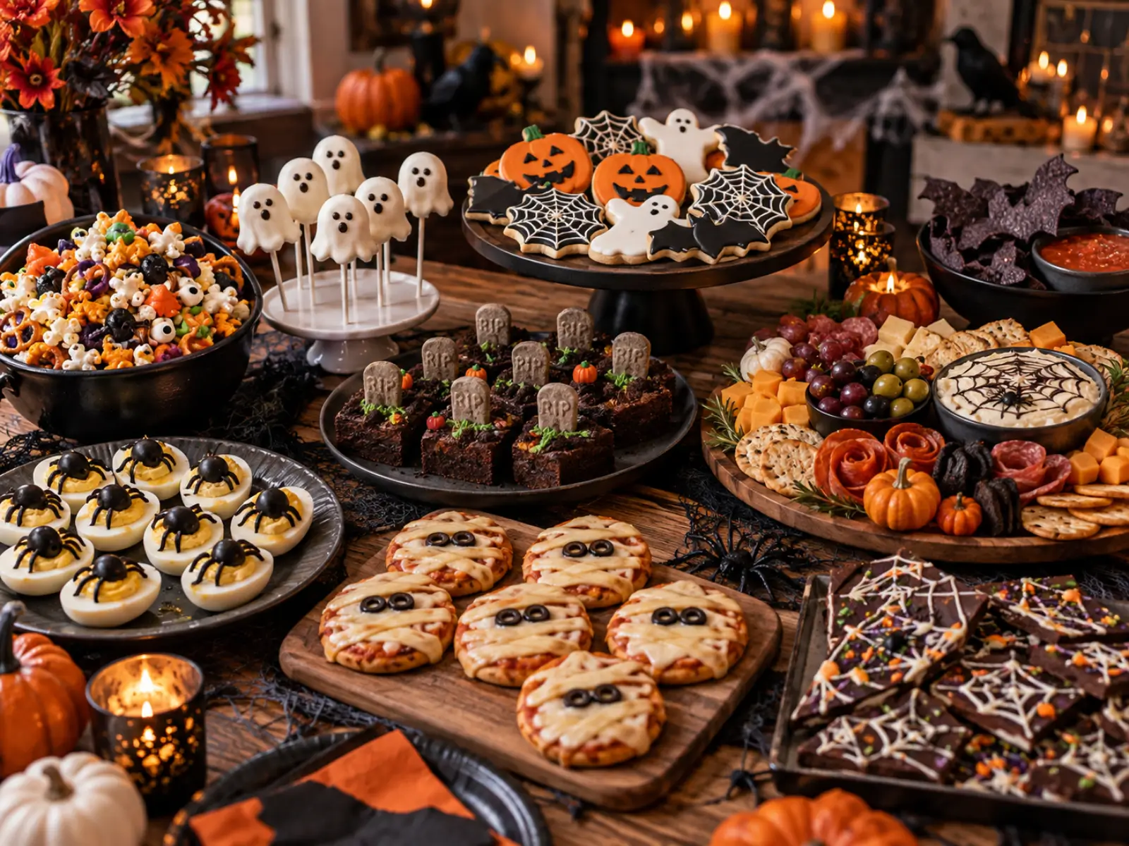 Halloween party food table with spooky appetizers, snacks, desserts, and festive decorations for a fun Halloween celebration