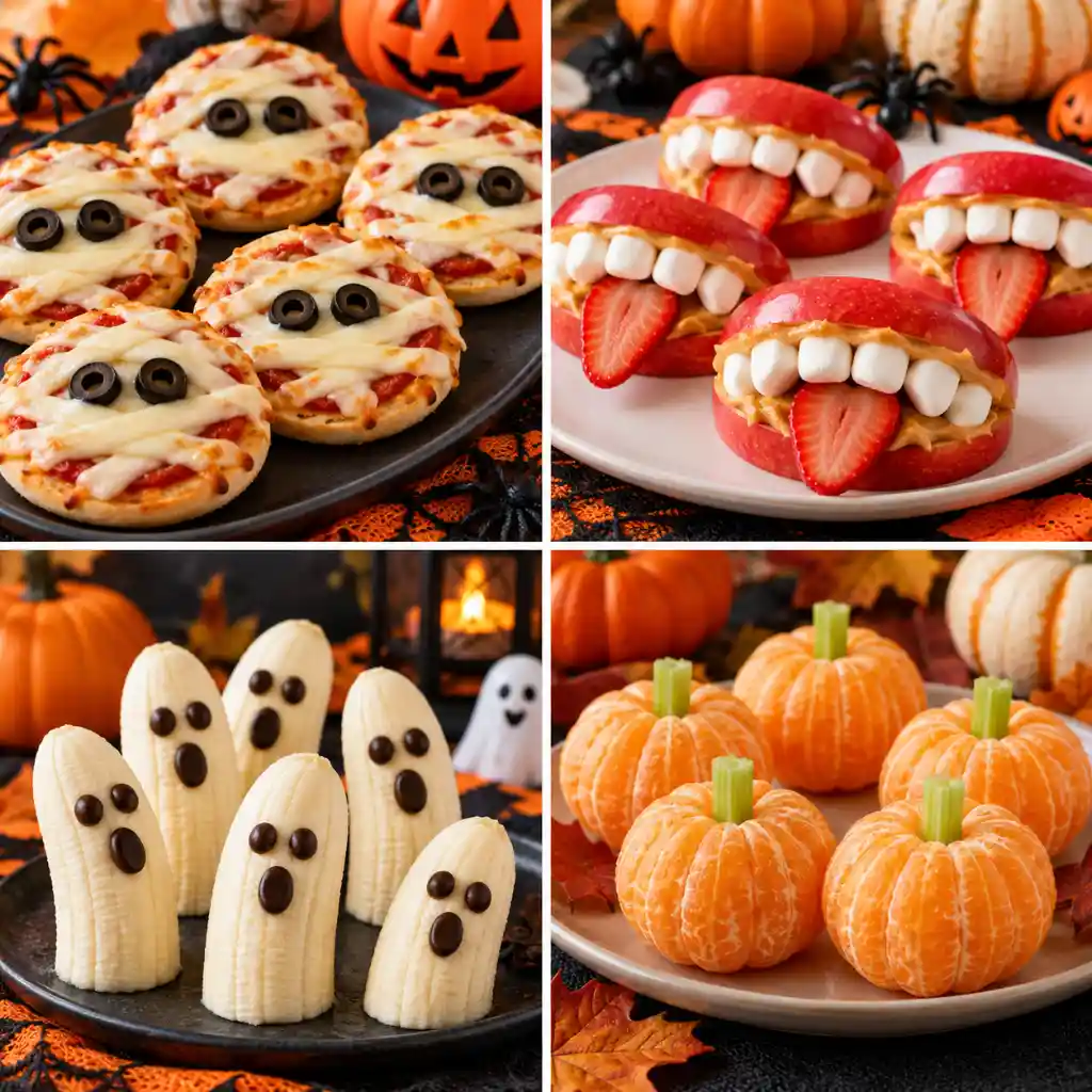 Halloween Party Food Ideas for kids featuring mini mummy pizzas, apple monster mouths, banana ghosts, and clementine pumpkins