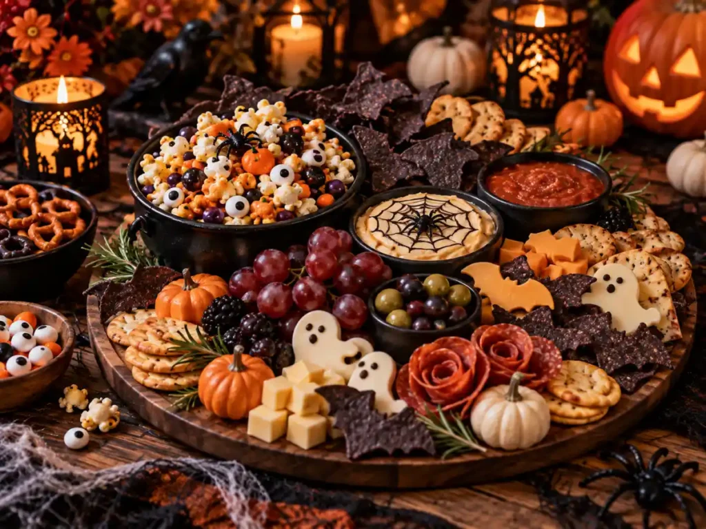 Halloween Party Food Ideas snack platter with popcorn, bat chips, cheese, dips, crackers, and spooky party snacks