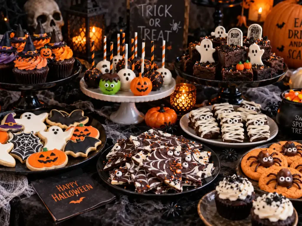Halloween Party Food Ideas with spooky cookies, cake pops, spiderweb chocolate bark, brownies, cupcakes, and festive Halloween desserts