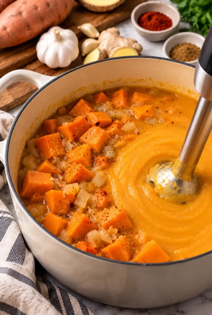 Cooked sweet potatoes and aromatics being blended into creamy sweet potato soup