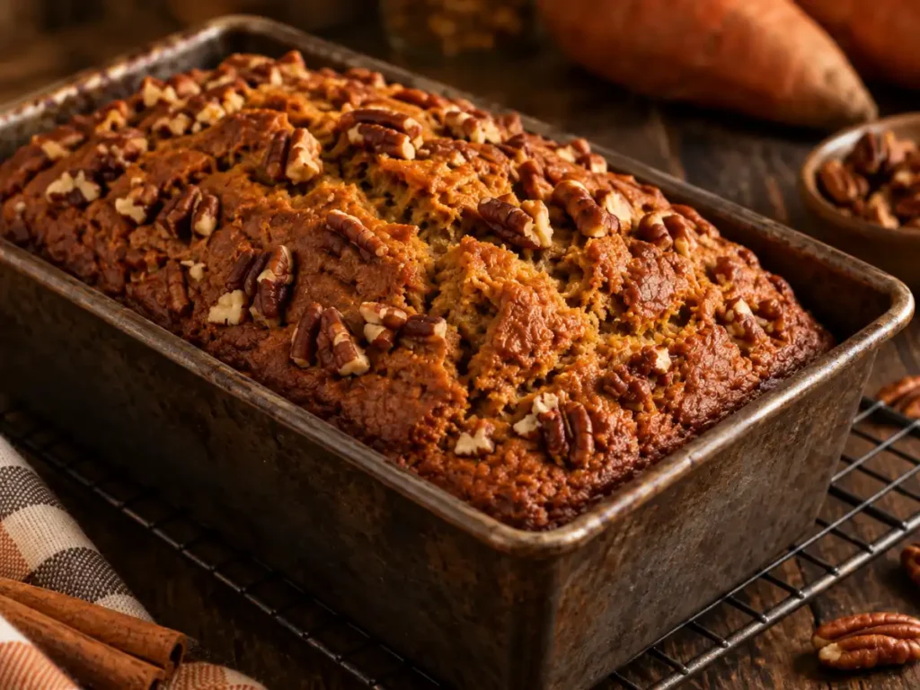 Sweet potato bread recipe baked in a loaf pan with a golden cracked top and chopped pecans.