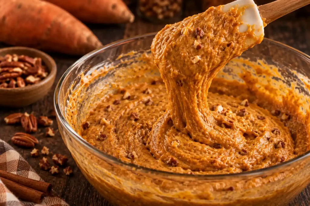 Sweet potato bread recipe batter showing the thick, glossy consistency with chopped pecans before baking.