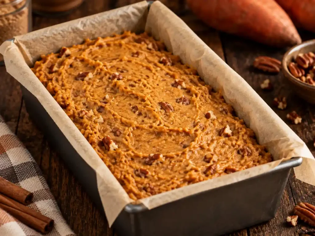 Sweet potato bread recipe batter spread in a parchment-lined loaf pan with chopped pecans, ready to bake.