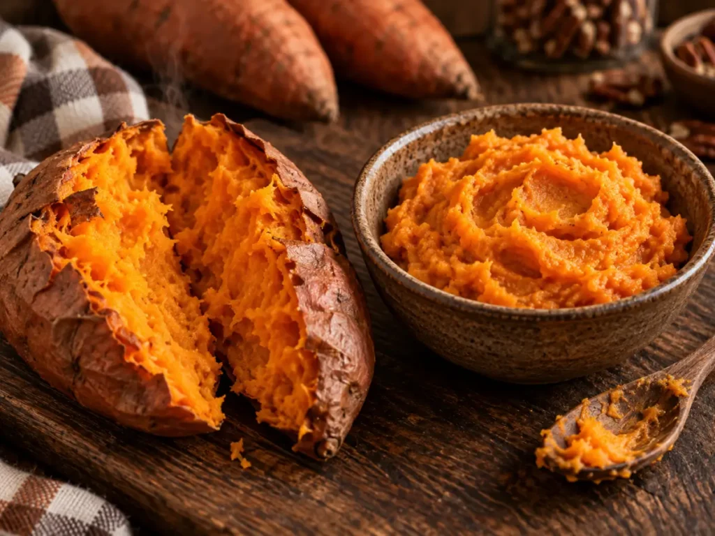 Sweet potato bread recipe prep with a baked sweet potato and smooth mashed sweet potato ready for the batter.