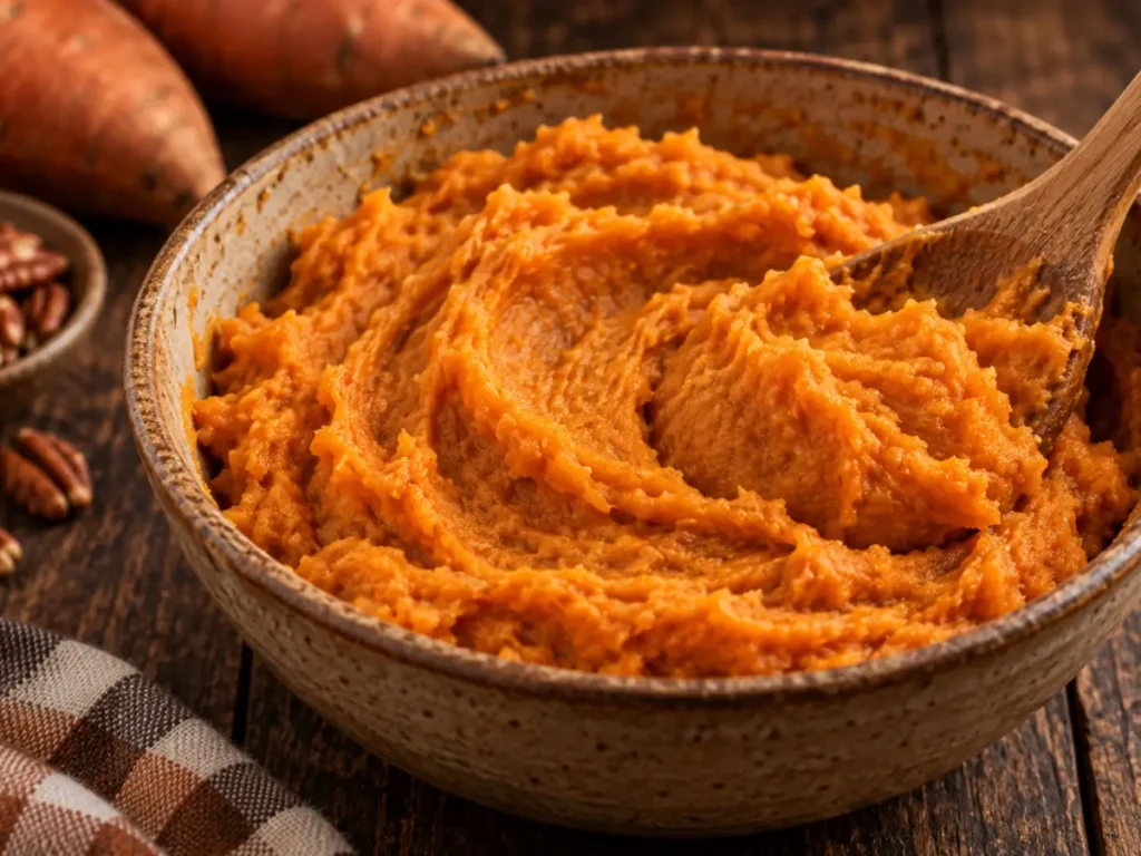 Sweet potato bread recipe prep showing smooth mashed sweet potato with a thick texture ready to mix into the batter.