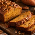 Sweet potato bread recipe with a moist spiced loaf, sliced to show the soft crumb and topped with pecans.