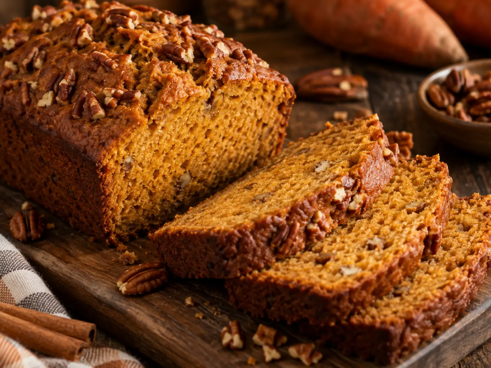 Sweet potato bread recipe with a moist spiced loaf, sliced to show the soft crumb and topped with pecans.