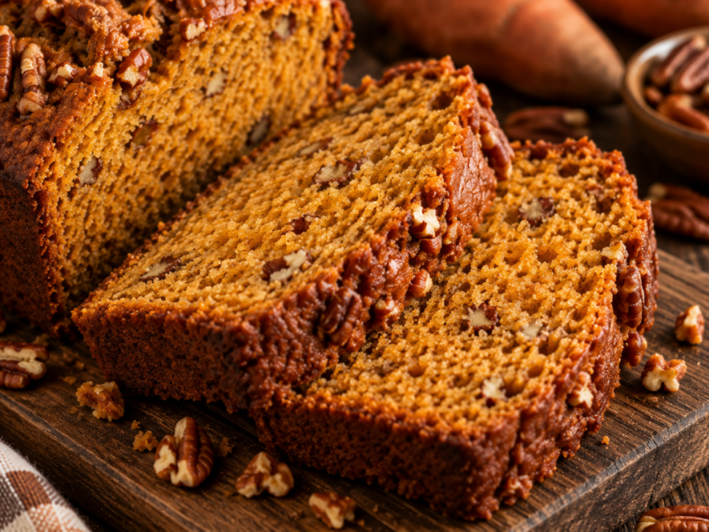Sweet potato bread recipe sliced to show the soft, moist orange crumb with chopped pecans.