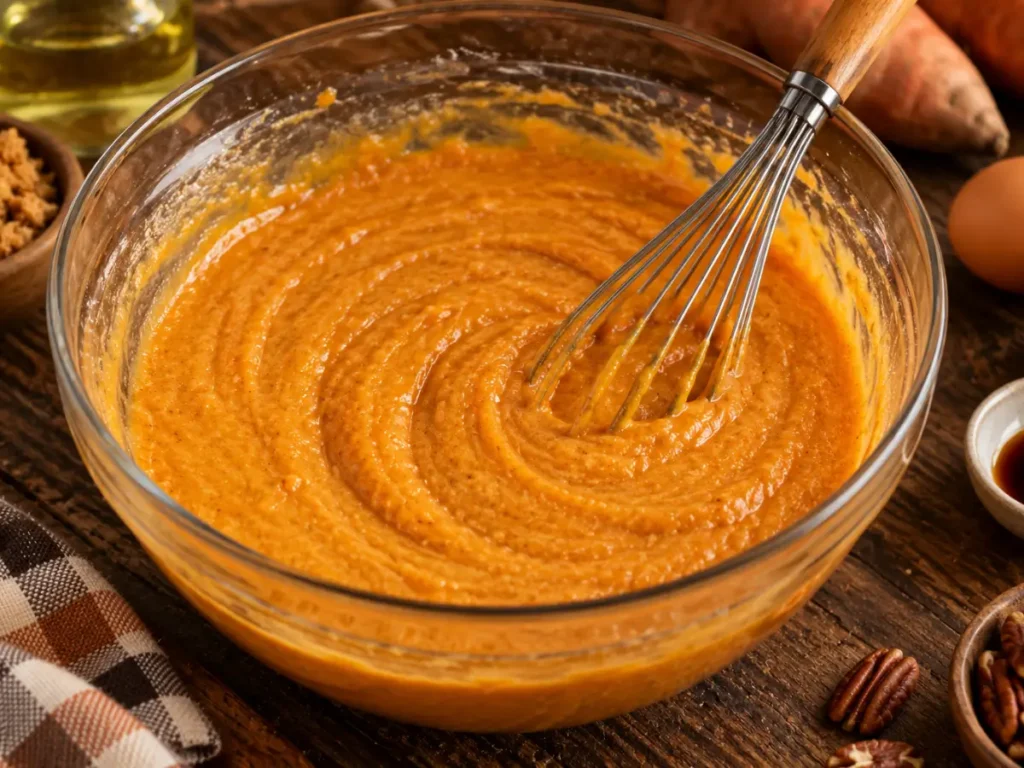 Sweet potato bread recipe wet ingredients whisked into a smooth orange mixture before adding the dry ingredients.