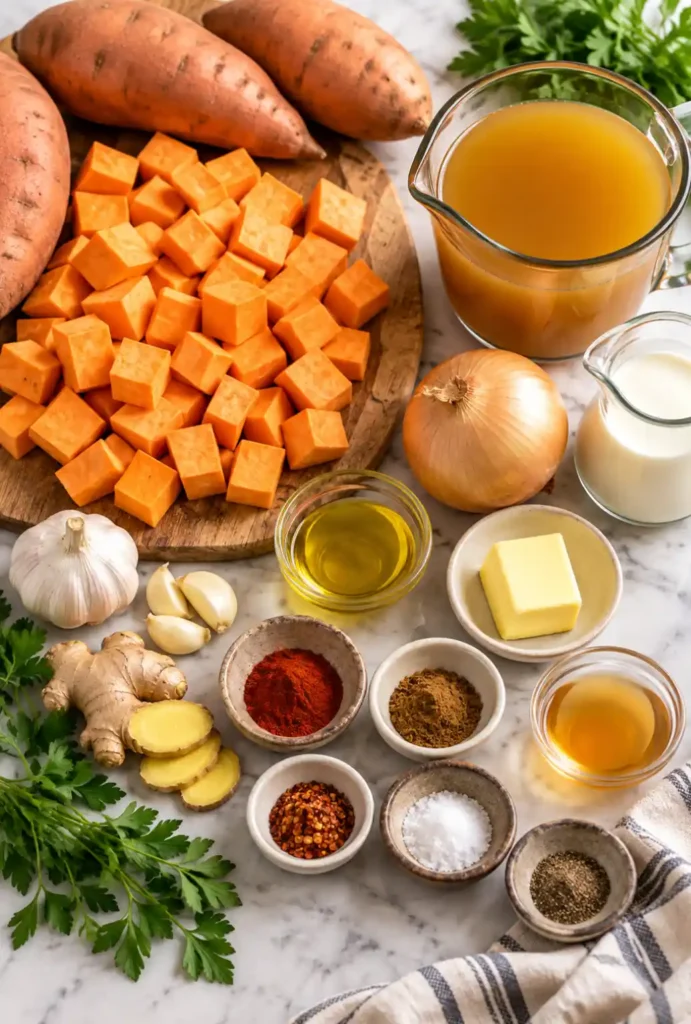 Ingredients for homemade sweet potato soup including sweet potatoes, onion, garlic, ginger, broth, cream, and spices