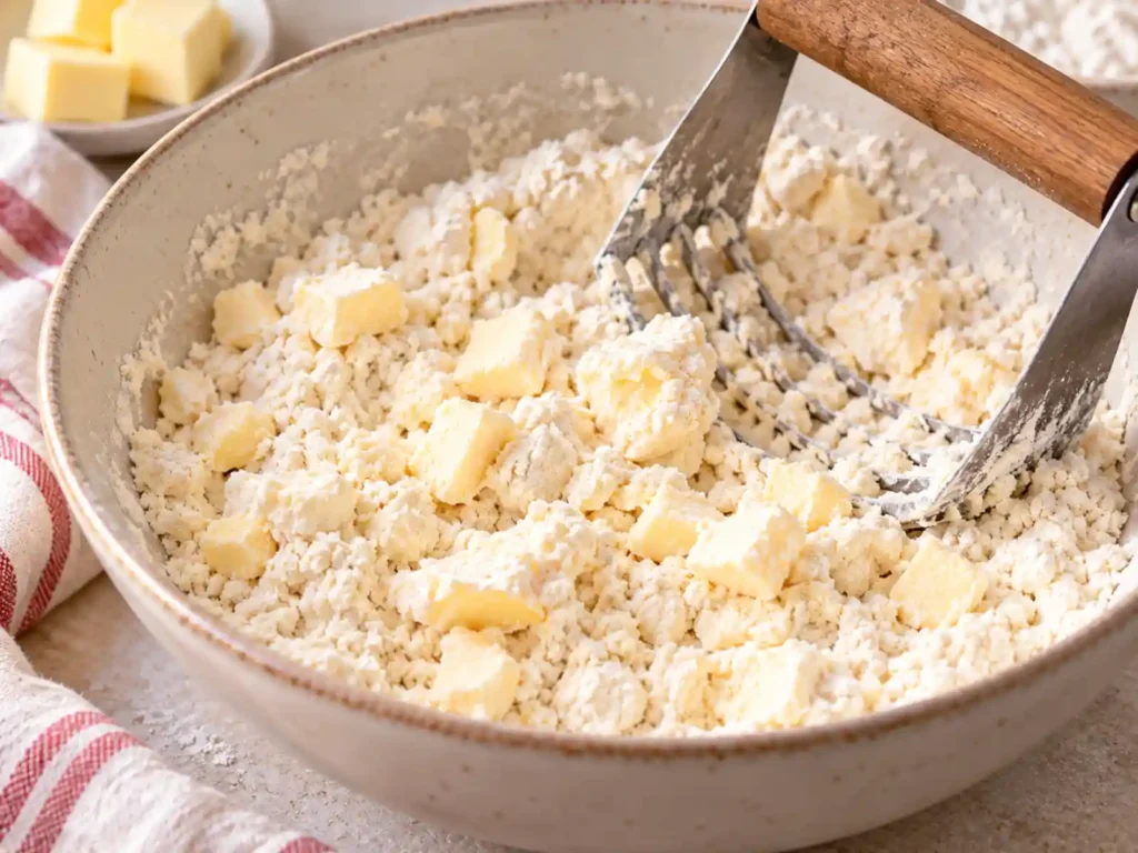 Cold butter pieces cut into flour for making flaky homemade scones