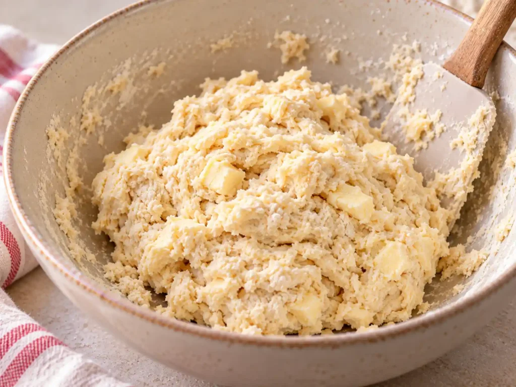 Properly mixed scone dough that looks soft slightly shaggy and cohesive