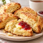 Easy scone recipe with golden flaky homemade scones served with butter and strawberry preserves