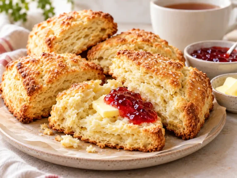 Easy Scone Recipe – Flaky, Buttery & Beginner-Friendly Easy scone recipe with golden flaky homemade scones served with butter and strawberry preserves