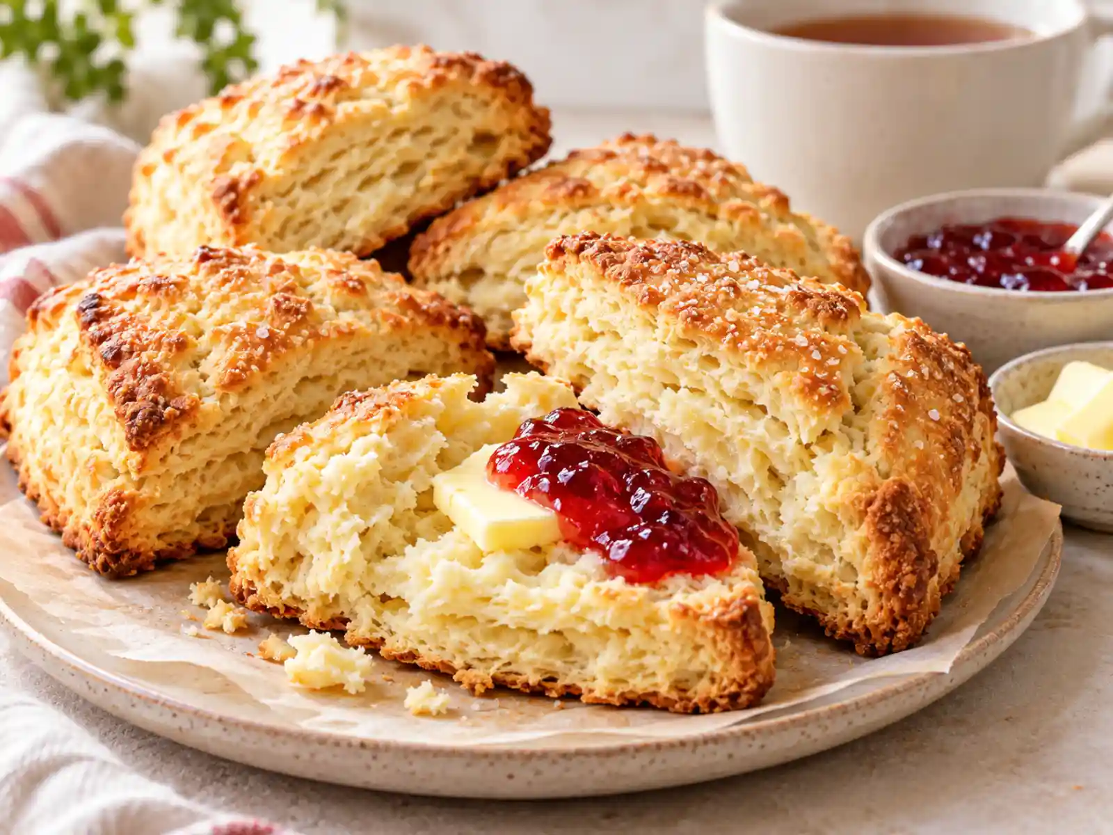 Easy scone recipe with golden flaky homemade scones served with butter and strawberry preserves
