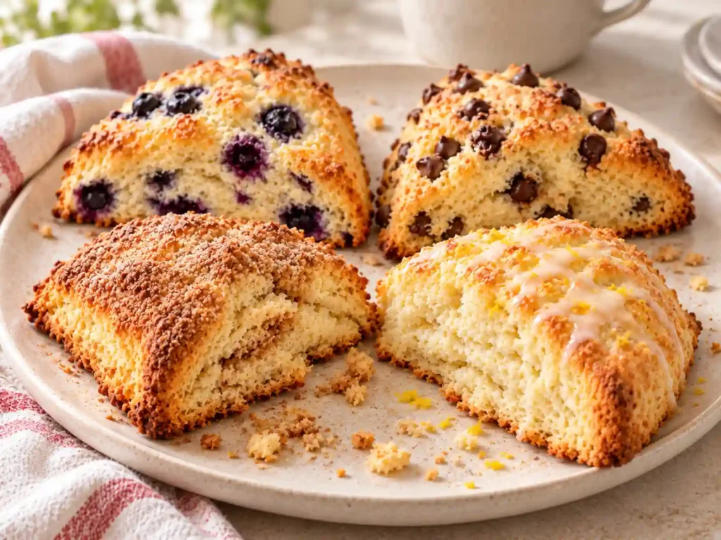 Blueberry chocolate chip cinnamon and lemon variations of homemade scones
