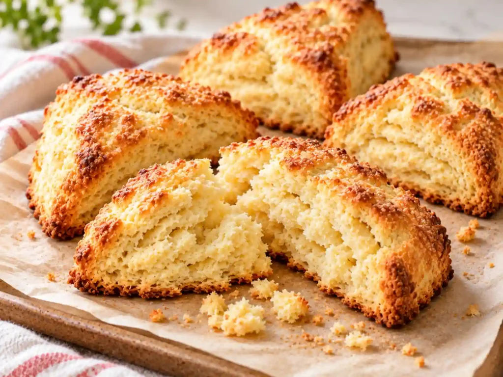 Freshly baked flaky scones with one opened to show the tender buttery interior