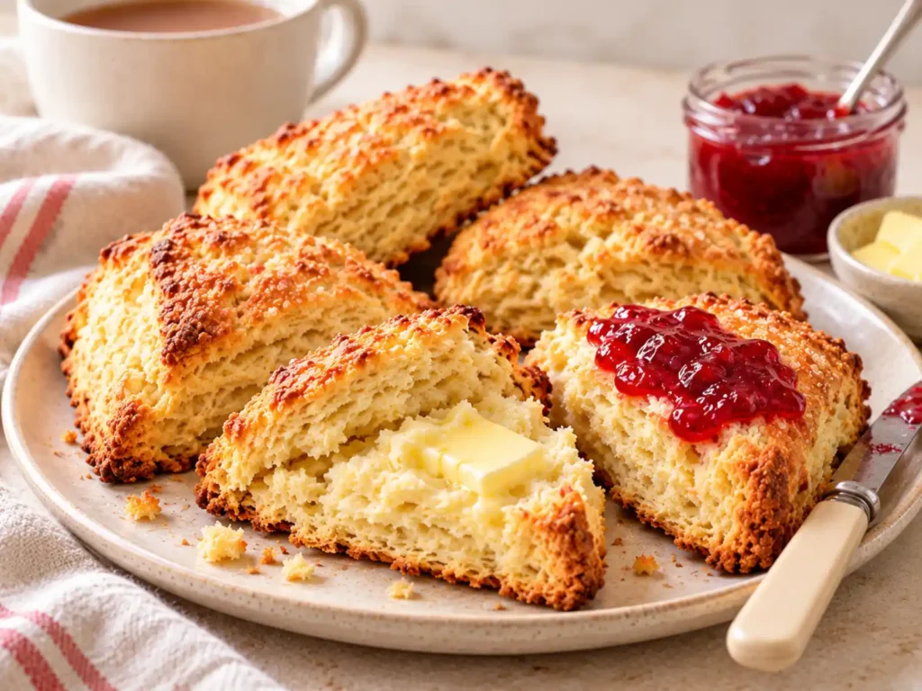 Warm homemade scones served with butter strawberry preserves and tea