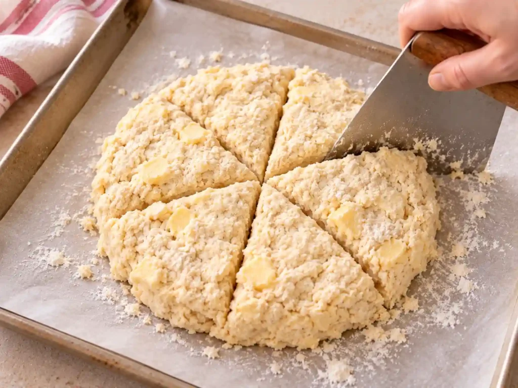 Thick round of homemade scone dough being cut into triangular wedges